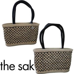 The Sak Woven Straw Rattan Corn Husk Basket Tote Bag Checkered Top Double Handle